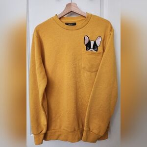 Forever 21 Mustard Sweatshirt S French Bulldog Embroidered-look Chest Pocket Fun